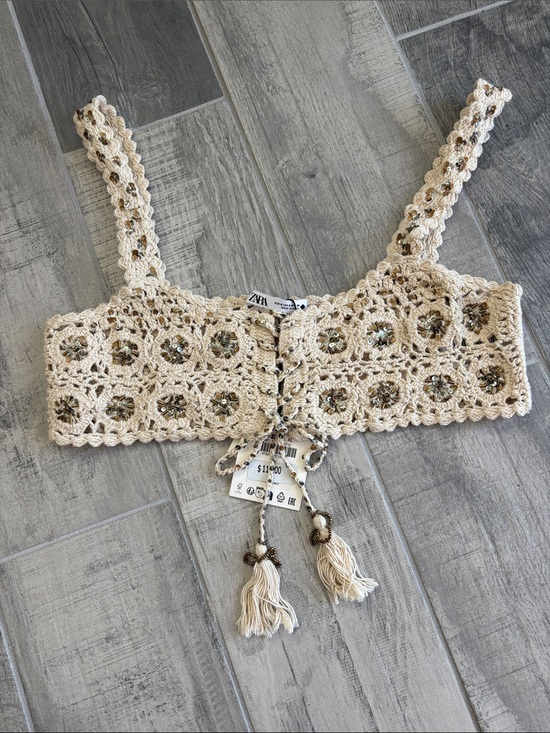Zara Tops - Zara Cream Crochet Crop Top with Tassel Ties NWT